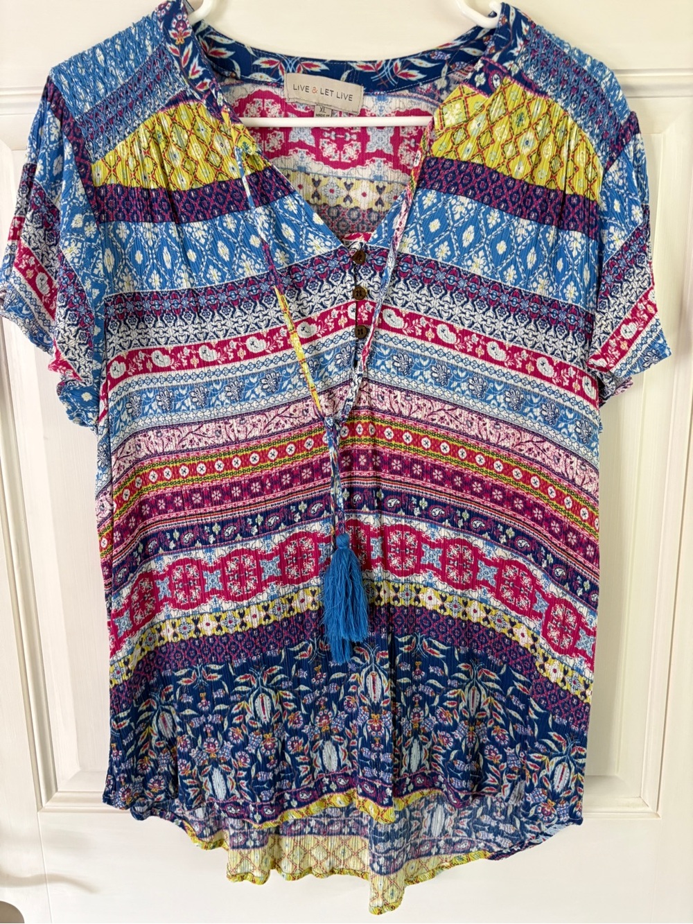 Multicolor Printed V-Neck Tunic with Tassel